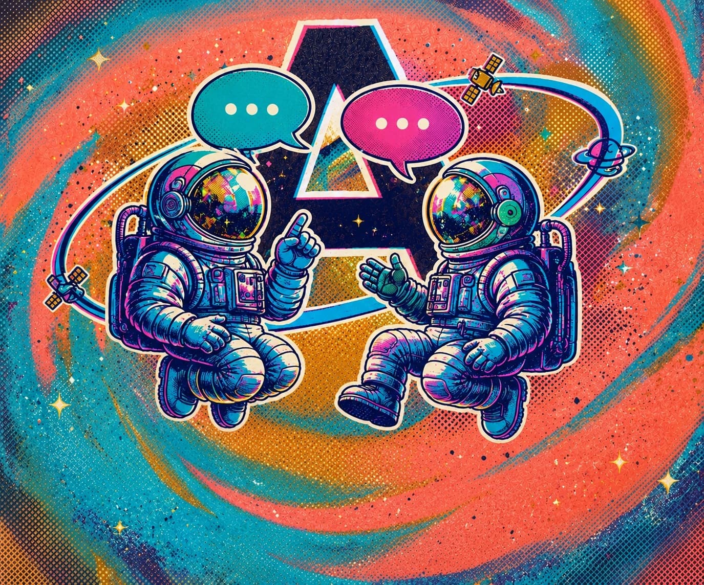 Astronauts talking in front of an Alliance background representing conversational practice.