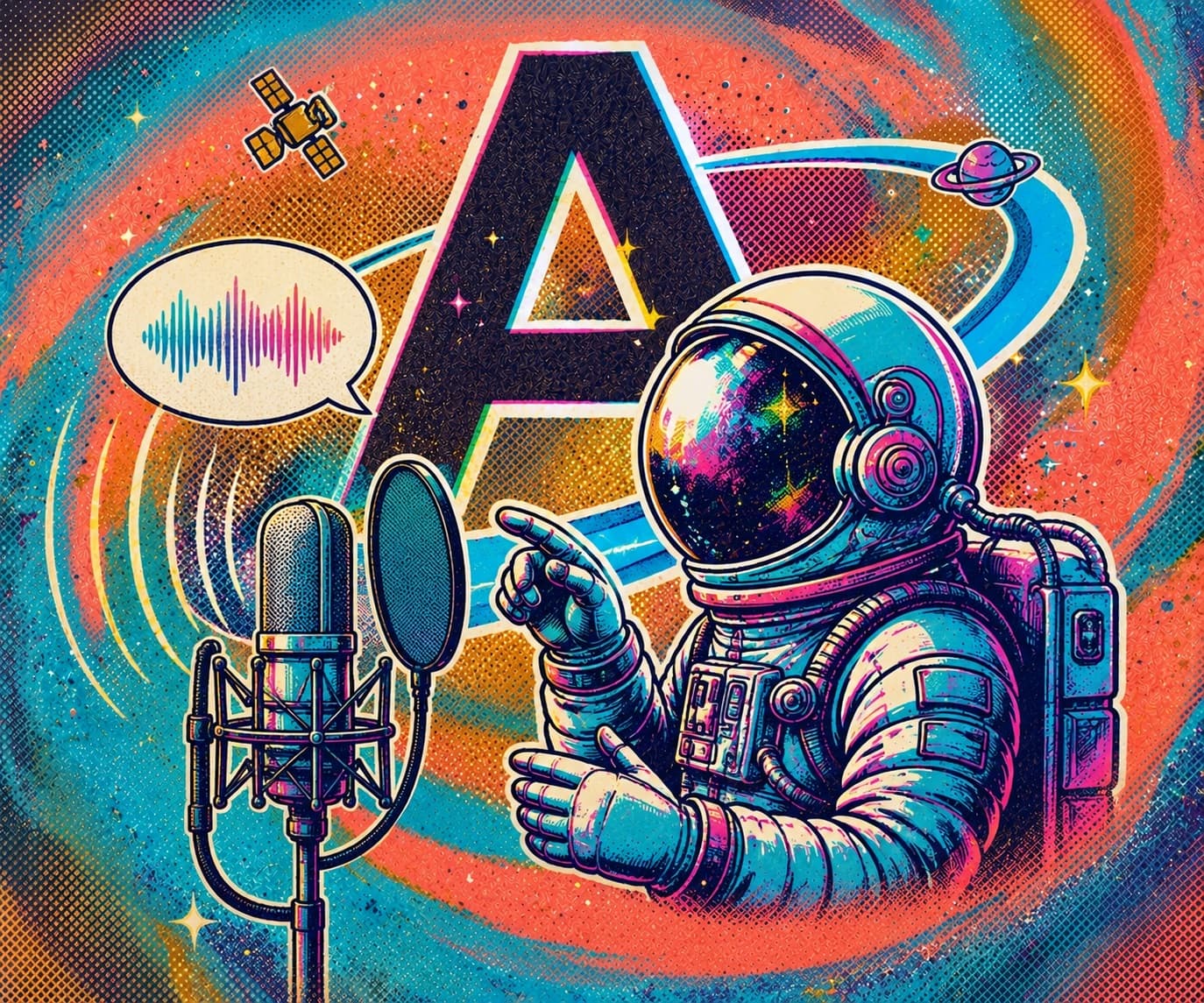 Astronaut speaking into a studio microphone in front of an Alliance background representing pronunciation coaching.